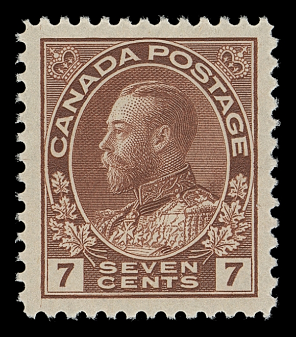 CANADA  114iv,A post office fresh, very well centered mint single showing diagonal line in "V" of "SEVEN" variety (from Plate 7), XF NH; 2020 PSE cert. (Graded Superb 98; the highest graded 7c red brown stamp with one of the two listed plate varieties)
