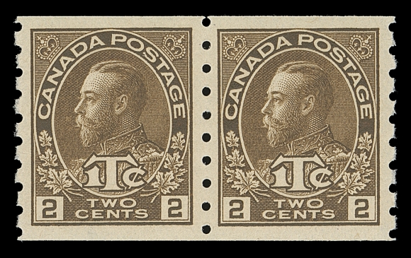 CANADA  MR7,A very well centered mint coil pair with intact perforations and rich colour; tough to find this nice, VF+ NH