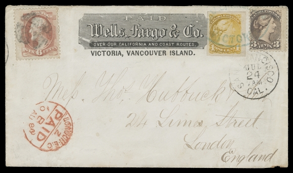 BRITISH COLUMBIA  Confederation: 1880 (July) Wells, Fargo & Co. Victoria, Vancouver Island express company printed frank on white envelope in an excellent state of preservation, mailed from Victoria, V.I. to London, England; shows merchant P. McQuade & Son / Ship Chandlers, Victoria, BC oval handstamp on reverse. Bearing a large margined imperforate single 1c yellow and somewhat oxidized 3c red Montreal printings tied by legible oval Victoria undated blue handstamp, both stamps further tied by San Francisco JUL 24 CDS, US 6c dull rose cancelled by segmented cork, tiny portion of circular at left of cover for prepaid UPU rate to the UK, clear London Paid 10 AU 80 datestamp in red. A striking, late Wells, Fargo & Co. usage British Columbia to England; pencil signed by Sergio Sismondo on reverse, VF (Unitrade 35b, 37 + US Scott 159)

Provenance: Carnegie Institute, May 1981; Lot 222 - realized a then hefty US$1,600 hammer
                   William J. Ainsworth, April 2009; Lot 220
                    
