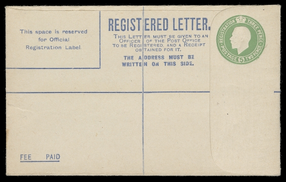 IRELAND  1922 (January) KGV Registered Envelope 5p light green, unused (format F), manufacture date "A.Q." code under intact gummed flap, VF (FAI EU1a € 375)