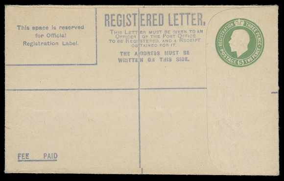 IRELAND  1922 (May) KGV Registered Envelope 5p light green, unused (format F), manufacture date "E.Q." code under intact gummed flap, VF (FAI EU1a € 375)