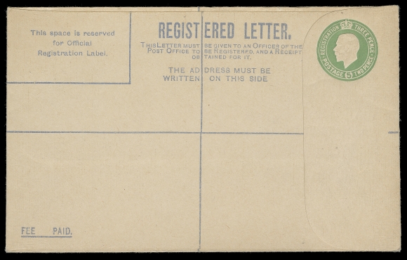 IRELAND  1922 (January) KGV Registered Envelope 5p light green, unused (format G), manufacture date "E.Q." code under intact gummed flap, VF (FAI EU1a € 375)