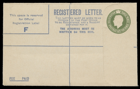 IRELAND  1923 (August) KGV Registered Envelope 5p olive, unused, Format "F" letter imprint, manufacture date "H.R." code under intact gummed flap, VF (FAI EU1c € 350)