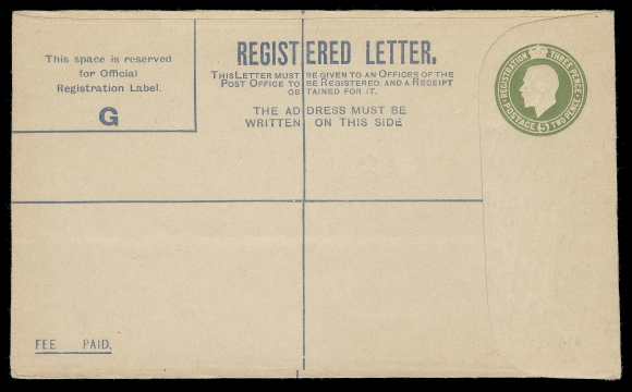 IRELAND  1923 (July) KGV Registered Envelope 5p olive, unused, Format "G" letter imprint, manufacture date "G.R." code under intact gummed flap, VF (FAI EU1c € 350)