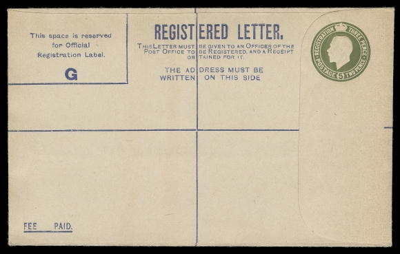 IRELAND  1924 (January) KGV Registered Envelope 5p olive, unused, Format "G" letter imprint, manufacture date "A.S." code under intact gummed flap, VF (FAI EU1c € 350)