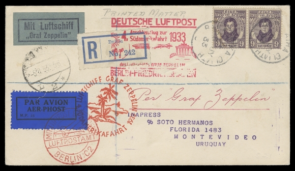 IRELAND  Graf Zeppelin,Unsealed envelope from Dublin to Uruguay at printed matter rate  via Berlin and Friedrichshafen, shows four flight cachets (one on back), franked with 9p O