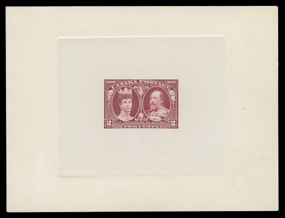CANADA 98,Large Progressive Die Proof printed in dark carmine, near issued colour, on india paper 76 x 63mm sunk on larger card 125 x 95mm; side and central scroll work are unfinished and faint, unerased guidelines; inconsequential crease to archival card at top left (can easily be trimmed off). A superb and very rare progressive die proof, XF