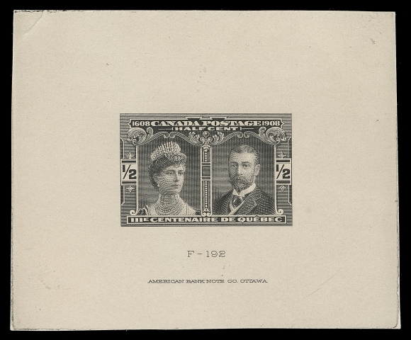 CANADA  96,Large Engraved Die Essay printed in black, die sunk on card (0.0085" to 0.009" thick) showing the Prince of Wales in Civilian Dress, virtually complete die sinkage area 78x64mm; showing die "F-192" and ABNC imprint below design. Small card fault at top left. A rare unadopted design , VF (Minuse & Pratt 96E-Aa)Provenance: Gerald Wellburn, March 1981; Lot 647                    Dr. Alan Selby, December 1993; Lot 852This essay was the first portrait engraved by the American Bank Note Co. in June of 1908 (die "F-192"). Shortly after the Prince requested his portrait to be in military uniform. ABNC quickly modified and approved a new design in July 1908 (die "F-199"). This essay exists in black brown (colour of issue) and in the much scarcer black, the latter exists on white 0.0085" to 0.009" thick card and also on a distinctive yellowish 0.011" thick card. All are rare and highly sought-after by collectors.