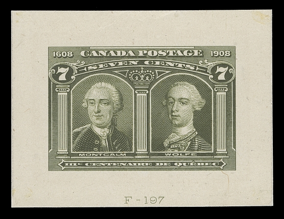 CANADA  96-103,Complete set of small die proofs in issued colours on card mounted india paper, each showing the die F-191/F-199 number below design; the 20c has a peripheral fault at lower left. A rare and VF set which likely from an ABNC Sample Book to solicit printing contracts. (Minuse & Pratt 96P2a-103P2a)