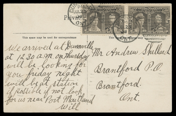 CANADA  1908 (July 23) Postcard bearing a well centered pair of ½c black brown tied by Dunville duplex datestamp, right stamp shows the Major Re-entry (Pos. 44), scarce, VF (Unitrade 96i)