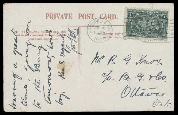 CANADA  1908 (July 16) Postcard franked with 1c green tied by Brockville JUL 16 1908 machine cancel on First Day of Issue, very scarce, F-VF (Unitrade 97)