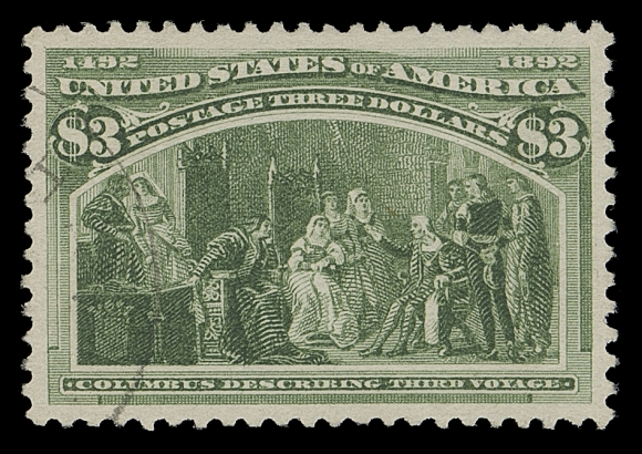 USA  243a,A mathematically centered single with four well-balanced large margins, distinctive rich colour on pristine fresh paper, intact perforations all around with light unobtrusive circular datestamp at left leaving the design entirely visible, XF; 1991 & 2003 PF certificates both as olive green shade, used ("it is genuine") & 2020 PSE cert. (described as yellow green "it is genuine used, with a fake cancel White Horse Beach, Mass")