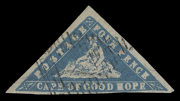 CAPE OF GOOD HOPE  9c,An appealing example of this distinctive, scarcer printing, showing bold colour, clear impression and mostly large margins; couple trivial thin specks not even mentioned in accompanying certificate, ideally struck with light central "CGH" triangular grid cancel, VF appearance; 1955 RPS of London cert. (SG 14c £5,500)