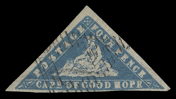 CAPE OF GOOD HOPE 9c,An appealing example of this distinctive, scarcer printing, showing bold colour, clear impression and mostly large margins; couple trivial thin specks not even mentioned in accompanying certificate, ideally struck with light central "CGH" triangular grid cancel, VF appearance; 1955 RPS of London cert. (SG 14c £5,500)