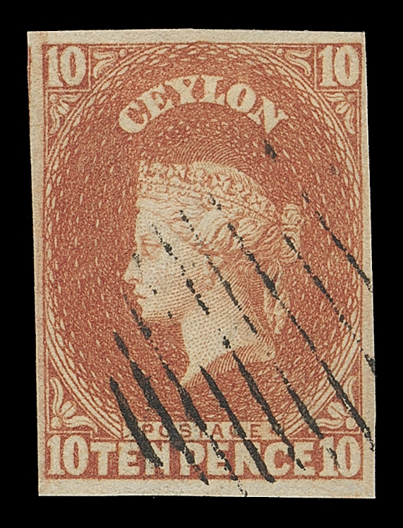 CEYLON  10,An exceptional used single with impressive large margins, deep colour on pristine paper, neat grid cancel, XF (SG 9 £325)