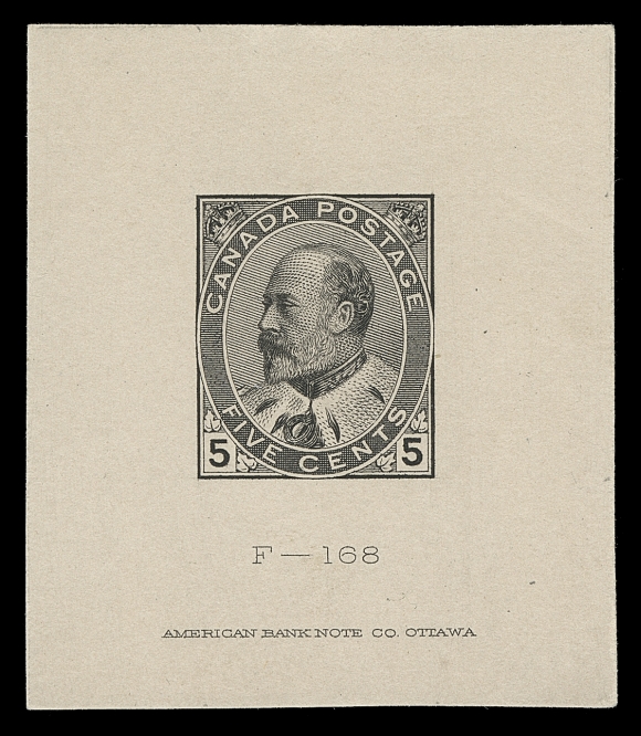 CANADA  89-95,An extraordinary set of engraved Large Die Proofs, printed in olive-black directly to card (0.0095" to 0.01" thick) measuring 43-45 x 51-52mm, each with the respective die number and American Bank Note Co. Ottawa imprint below; negligible tone spot on 7c and faint corner bend on 20c mentioned for the record, an EXTREMELY RARE SET - one of three recorded and a "must-have" for a King Edward VII exhibit collection, VF (Minuse & Pratt 89TC1a-95TC1a)A CORNERSTONE, COMPLETE SET OF DIE PROOFS OF THE ONLY DEFINITIVE SERIES ISSUED BY CANADA DURING THE REIGN OF KING EDWARD VII.