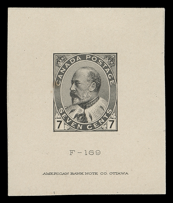 CANADA 89-95,An extraordinary set of engraved Large Die Proofs, printed in olive-black directly to card (0.0095" to 0.01" thick) measuring 43-45 x 51-52mm, each with the respective die number and American Bank Note Co. Ottawa imprint below; negligible tone spot on 7c and faint corner bend on 20c mentioned for the record, an EXTREMELY RARE SET - one of three recorded and a "must-have" for a King Edward VII exhibit collection, VF (Minuse & Pratt 89TC1a-95TC1a)
A CORNERSTONE, COMPLETE SET OF DIE PROOFS OF THE ONLY DEFINITIVE SERIES ISSUED BY CANADA DURING THE REIGN OF KING EDWARD VII.