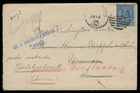 CANADA  1904 (July 12) Cover to Germany redirected to Chelyabinsk, Russia in the Ural Mountains region, franked with a 5c KEVII tied by partial St. Marys, Ontario duplex, pays the 5 cent UPU letter late to Germany, forwarded without penalty according to UPU regulations, Bremen and Russian receivers on back. An appealing and well-travelled cover, especially scarce KEVII era destination, F-VF (Unitrade 91)