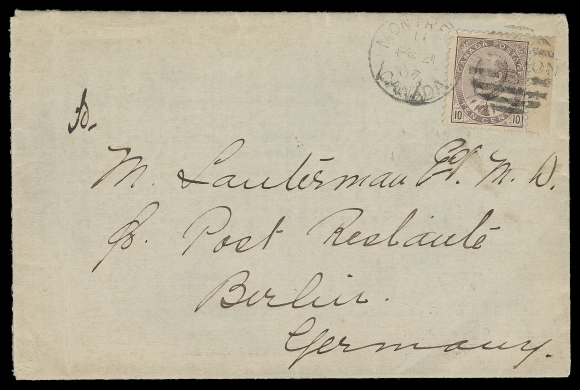CANADA  1907 (February 21) Grey envelope franked with a sheet margin 10c dull lilac tied by Montreal Station B duplex to Berlin, Germany; clear Berlin 4.3.07 receiver on back; pays a double UPU letter rate (up to one ounce; effective until September 30, 1907), VF (Unitrade 93i)