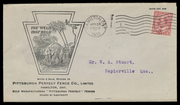 CANADA  1910 "The Weld That Held" Elephant & Fence Pittsburg Perfect Fence Co. Hamilton, Ont. illustrated advertising envelope with all-over advert text on back, franked with 2c carmine, Type II tied by Hamilton machine dispatch to Napierville, Que. appealing, VF (Unitrade 90)