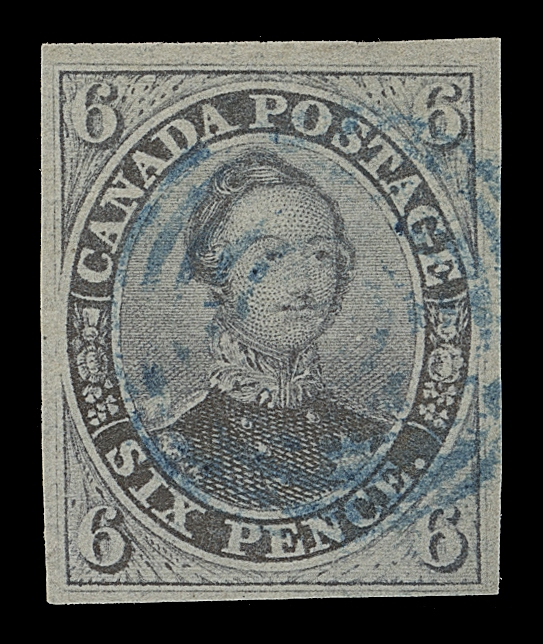 CANADA  2b,An attractive used example with well clear to large margins, deep colour and visible laid lines, concentric rings in BLUE;  VF; 2015 Greene Foundation cert.