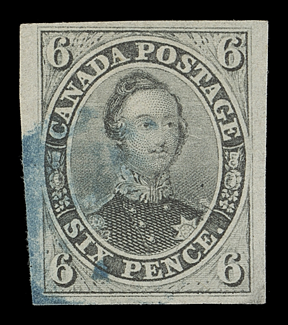 CANADA  5b,A fabulous large margined used example with BLUE cancel, printed in the distinctive and unmistakable shade, extra wide margins, XF; 2001 Brandon cert.