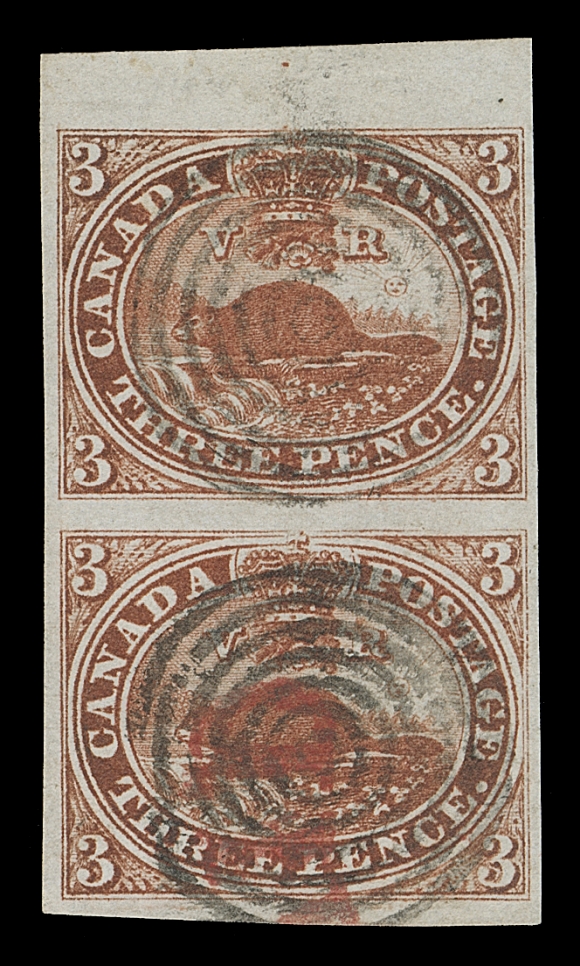 CANADA  4i,A selected used vertical pair with sheet margin at top, distinctive rich colour on bright white paper, each stamp with central concentric rings cancel, VF; 2015 Greene Foundation cert.