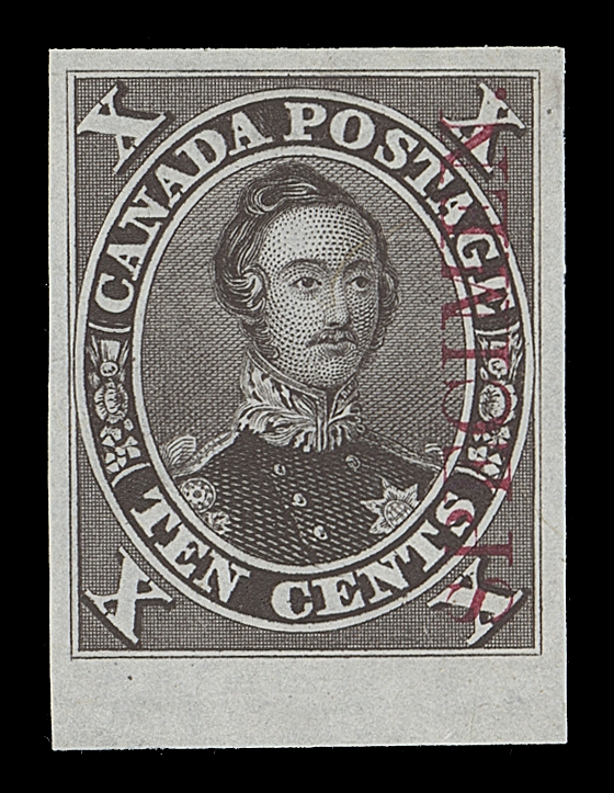 CANADA  16Pi,Plate proof on india paper in colour of the first printing, vertical SPECIMEN overprint in carmine, large margined with sheet margin at foot, VF