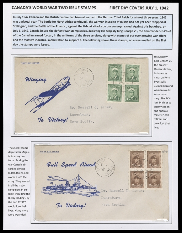CANADA  249/262,The original set of eleven on cacheted FDC, plus individual FDCs of the 6c airmail, 16c airmail special delivery and 10c special delivery; all on exhibit pages with write-up. A total of ten different cachets shown, all postmarked Ottawa, VF
