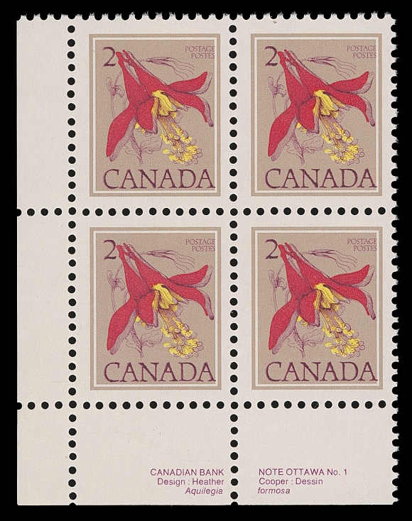 CANADA  707T1,Matched set of plate blocks of the UNTAGGED error, an exceedingly rare set - in fact enclosed notes by Kasimir Bileski state: "Unique! The only plate set in existence", VF NH (Unitrade cat. as singles)

The great rarity of plate inscription blocks of this tagging error is confirmed by the fact that no catalogue value is listed in Unitrade for a plate block.