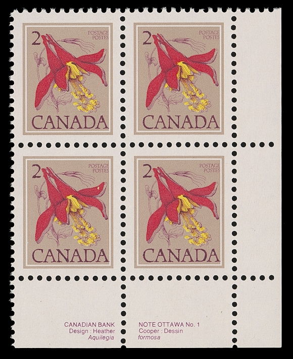 CANADA  707T1,Matched set of plate blocks of the UNTAGGED error, an exceedingly rare set - in fact enclosed notes by Kasimir Bileski state: "Unique! The only plate set in existence", VF NH (Unitrade cat. as singles)

The great rarity of plate inscription blocks of this tagging error is confirmed by the fact that no catalogue value is listed in Unitrade for a plate block.