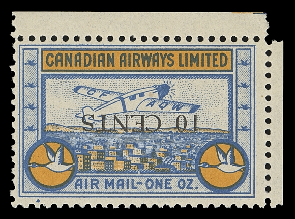 CANADA  CL52a,Corner margin mint single with INVERTED SURCHARGE error,  intersecting corner selvedge missing, bright colours, F-VF NH