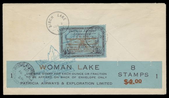 CANADA  1926 (August 2) Birch Lake - Sioux Lookout First Flight cover with flight cachet in green on front and back, bearing 1c orange yellow Admiral, Die I wet printing tied by double ring Birch Lake CDS; on reverse (50c) Patricia Airways, Style Two official with monogram "FED" handstamp in green tied by same double-ring departure CDS and same-day Sioux Lookout CDS on arrival, then forwarded to Toronto by train with AU 4 receiver, VF (AAMC CL18e-2600c + footnote; Unitrade CL18e; cat. $2,500)