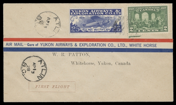 CANADA  1928 (April 13) Atlin, BC - Whitehorse Yukon Airways & Exploration Co. Ltd first flight cover bearing 2c green Confederation and 25c blue airmail stamp showing the elusive "ArRWAYS" variety, tied by light grid, departure CDS at left and White Horse AP 16 arrival on back, VF, a scarce variety on cover (Unitrade CL42a; cat. $550)