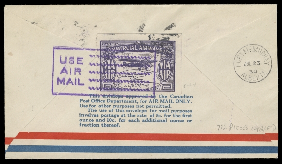 CANADA  1930 (July 23) Edmonton - Fort McMurray first flight cover franked with 2c green Arch pair tied by Edmonton machine cancel, octagonal flight cachet at left; on reverse (10c) purple "VIA AIR" showing broken "C" in "CIAL" (Pos. 2) tied by boxed cancel and same-day Fort McMurray CDS. Scarce usage of this  variety on cover, VF (Unitrade CL49a; cat. $500)