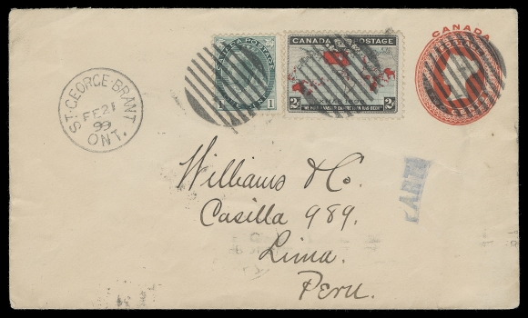 CANADA  1899 (February 21) 2c red postal envelope uprated with 1c Numeral and 2c Map (an unusual franking paying the 5c UPU letter rate), all neatly cancelled by grids, mailed to Lima, Peru with clear St. George Brant, Ont. dispatch CDS, Hamilton and Ottawa transits and neat Lima 10 Abril arrival backstamp. Shows "PARTI" (Gone) instructional marking on front; entered the Dead Letter Office Ottawa Branch SP 26 99 with appropriate backstamp. This is believed to be the ONLY KNOWN Map stamp cover to Peru, VF; 1980 Greene Foundation cert. (Unitrade 75, 86, EN15) ex. Fred Fawn (2007)