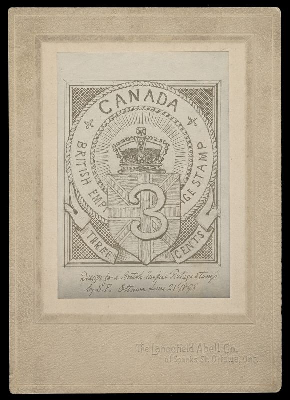 CANADA  One of three original cabinet card photographs submitted by Sir Sandford Fleming to William Mulock - with supporting document  letter signed by the Postmaster himself (enclosed with the lot),  one is in private hands and the third is in the  permanent collection of the National Archives of Canada. Original photographic essay 110 x 155mm including outside frame initialed by S.F. (Sandford Fleming) on back - rejected design and  denomination which had been submitted prior to Mulock attempt and advocation to lower British Empire rate to 2 cent. A highly  striking and fabulous frontispiece to any serious Map Stamp  collection, VFThe enclosed letter shows an oval albino embossing of Office of  the High Commissioner for Canada "Coat of Arms" embossing at top  centre. Datelined "August 8th, 1898" from London (England),  addressed to Sir Sandford and signed by Postmaster William  Mulock. PMG Mulock thanks Fleming for the sketch submitted for  the Empire Penny Post scheme.