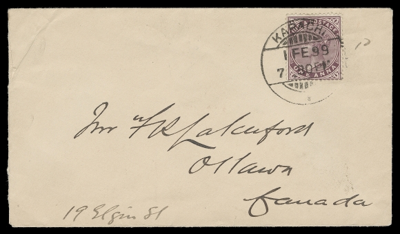 CANADA  1898 (December 25) F.R. Latchford cover from Ottawa to Province of Scinde, India (now Pakistan) franked with a 2c Map with slight "Muddy Waters" effect, tied by Ottawa (DEC 25 / 7--0 / 1898) machine cancellation (First Day of the new British Empire rate); small tear at top and light horizontal fold to envelope only, part backflap missing; Sea Post Office JA 15 and neat Karachi 23 JA 99 CDS receiver backstamp. Also includes self-addressed return envelope franked with 1p plum Queen Victoria tied by Karachi 1 FE 99 circular datestamp in choice condition. Very likely a UNIQUE destination First Day Cover, F-VF (Unitrade 85)It has been reported that Mr. Latchford sent letters to 38 different colonies franked with a Map stamp mailed Christmas Day, the First Day of the Empire rate. The covers were addressed to Postmasters of colonies that embraced the new rate. He enclosed a self-addressed smaller envelope requesting that the 2c Map cover be returned; as a result, nearly all have some faults. It is not known how many of the 38 covers were sent back. Virtually every known Latchford cover is a UNIQUE destination mailed on Christmas Day. 