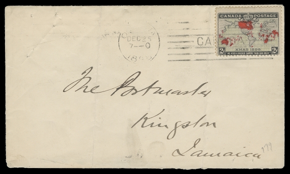 CANADA  1898 (December 25) F.R. Latchford cover from Ottawa to Jamaica, 2c Map tied by partially clear Ottawa DEC 25 7 - 0 1898 machine cancellation (the First Day of the new British Empire rate); couple filing pin holes and vertical folds away from stamp, Boston DEC 27 98 transit and neat double ring Kingston JA 4 99 arrival backstamps. Also includes the self-addressed return envelope, minor flaws and light staining, franked with 1p Key Type postmarked by clear double ring Kingston JA 12 99 dispatch with Boston and Ottawa JA 25 arrival backstamps; very likely a UNIQUE destination First Day Cover, Fine+ (Unitrade 85)