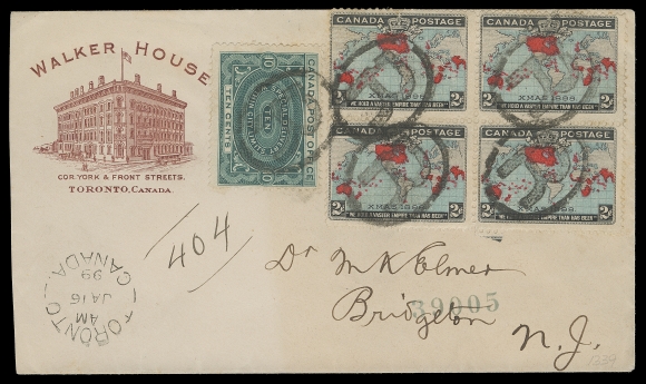 CANADA  1899 (January 16) Walker House, Toronto advertising cover to Bridgeton, New Jersey, franked with an impressive block of the 2c Map stamp plus a 10c deep blue green Special Delivery - highly unusual as the special service fee was not recognized outside Canada until January 1st, 1923. All stamps cancelled by clear oval "R" handstamps, neat Toronto split ring dispatch at left, US 1-18 99 transit backstamp; likely paying a 2c letter rate + 5c registration (overpaid by 1 cent) plus 10c special delivery service rendered perhaps until the US border. A remarkable cover, VF; 1989 Greene Foundation cert. (Unitrade 86b, E1iv) ex. John Siverts (May 1989; Lot 1339)We are aware of only one other Map stamp cover franked with an E1 stamp to the United States (ex. Fawn); the one offered here is by far the best.