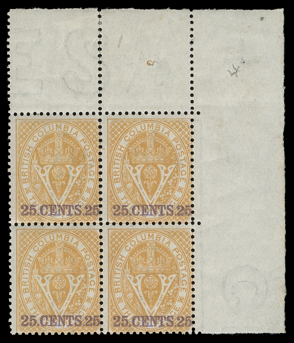 BRITISH COLUMBIA  11,A mint corner margin block of four with brilliant fresh colour, some split perforations in top margin; watermarked "C" of CROWN in right margin and "ES" of "COLONIES" in top margin, possessing full dull streaky original gum, very lightly hinged; a very scarce multiple, Fine+; 2004 Brandon cert. ex. Dale-Lichtenstein (May 2004; Lot 99)