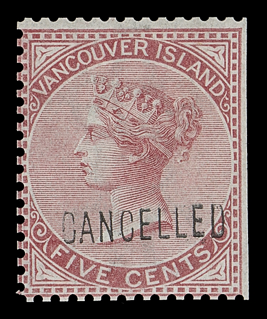 BRITISH COLUMBIA  5-6,An exceedingly rare set of two with CANCELLED handstamp in black, the former with straight edge at right, bright colours and part OG, Fine; originating from two famous collections - Gerald Wellburn (October 1988; Lot 1135) and Dr. Conrad Latto (March 1993; Lot 983)