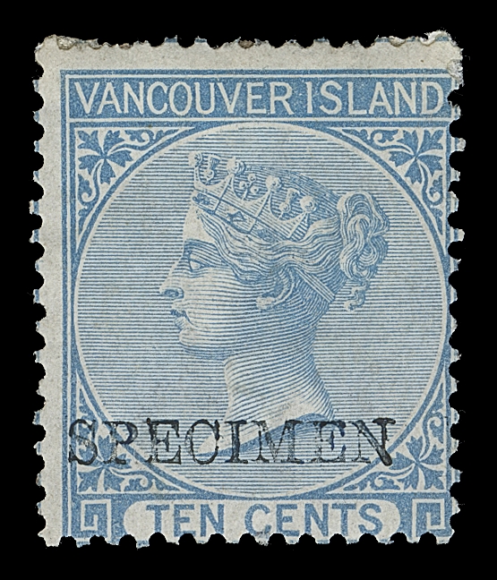 BRITISH COLUMBIA  5-6,Two mint singles with horizontal SPECIMEN handstamp applied by  De La Rue & Co. in dark bluish black, normal centering for the  issue, part OG, a Fine and very rare duo; 2004 Brandon cert. ex.  Dale-Lichtenstein (May 2004; Lot 42)
