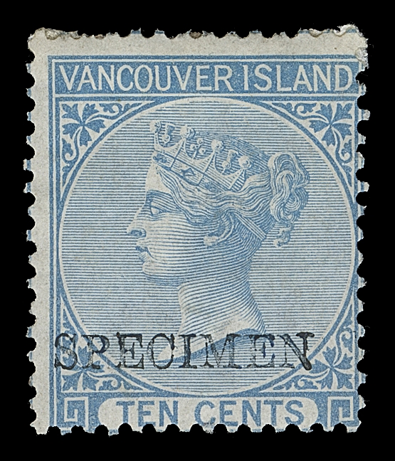 BRITISH COLUMBIA 5-6,Two mint singles with horizontal SPECIMEN handstamp applied by De La Rue & Co. in dark bluish black, normal centering for the issue, part OG, a Fine and very rare duo; 2004 Brandon cert. ex. Dale-Lichtenstein (May 2004; Lot 42)