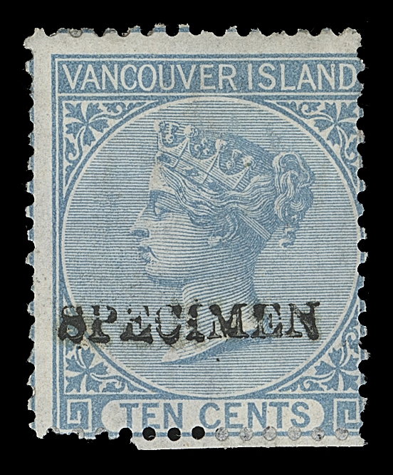 BRITISH COLUMBIA  5-6,The set of two mint singles, fresh colours; each displays a bold handstamp SPECIMEN applied by De La Rue & Co. in black, normal centering for the issue, part OG, a Fine and very rare duo; 2004 Brandon cert. ex. Dale-Lichtenstein (May 2004; Lot 41)