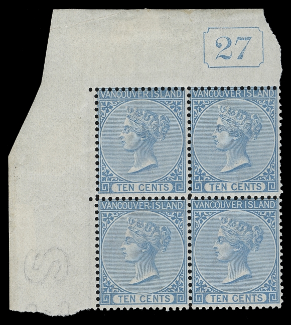 BRITISH COLUMBIA  6,A marvelous corner margin block with complete "27" De La Rue & Co. number, watermarked "ES" of "COLONIES" in left margin; marginal edge crease and tiny tear on bottom left stamp, displaying exceptionally fresh colour and possessing equally fresh, dull streaky original gum; the top left and bottom right stamps are NEVER HINGED. A striking  positional block of the utmost rarity, F-VF (Unitrade as hinged singles)Expertization: 2004 Brandon certificateProvenance: Dale-Lichtenstein, H.R Harmer LLC, May 2004; Lot 49