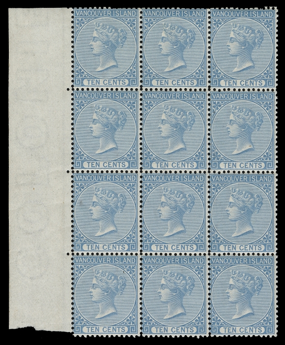 BRITISH COLUMBIA  6i,An extraordinary mint block of twelve with INVERTED WATERMARK,  showing nearly complete watermark letters COLONIE(S) in left  margin, as nicely centered as one can hope to find on this  challenging stamp, a few split perfs between margin and lower  left stamp mentioned for the record. Remarkably retaining full,  dull streaky original gum and in pristine condition, top left and lower right pairs lightly hinged, leaving the other eight stamps NEVER HINGED. A wonderful block and without question one of the  largest surviving multiples, Fine+ LH / NH (Unitrade cat. as  hinged singles)Provenance: Dale-Lichtenstein, H.R. Harmer LLC, May 2004; Lot 51 - offered as a block of 24 (6x4).