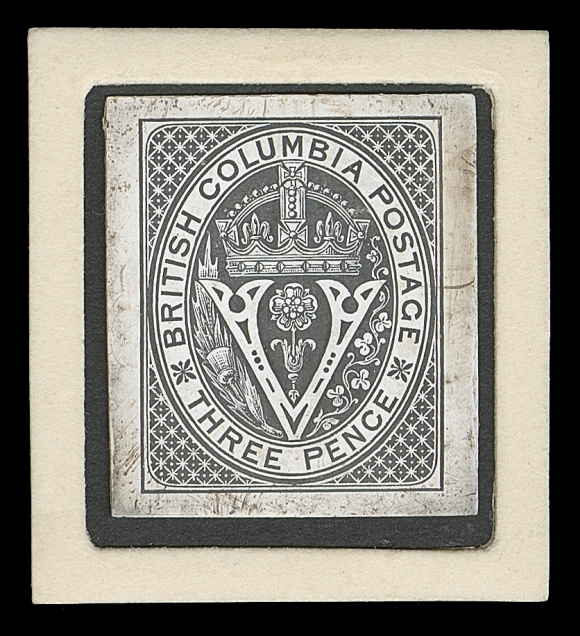 BRITISH COLUMBIA  7,De La Rue & Co. Die Proof, stamp size, showing the completed THREE PENCE denomination in the oval, printed in black on thick white glazed (enamel) surfaced card; some marks around edge and attractively mounted within thick beveled card. Extremely rare and ideal for an advanced collection, VF; 2006 Brandon cert. ex. Dale-Lichtenstein (May 2004; Lot 54)