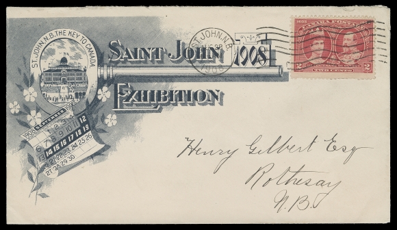 CANADA  Matching pair of Saint John Exhibition illustrated advertising covers: one bears two single 1c green cancelled by AU 17 08 dispatch postmarks; the other with a 2c carmine cancelled AUG 28 1908, former to Summerside, PEI and latter to Rothesay, NB, appealing, VF (Unitrade 97, 98) ex. Herbert MacNaught (April 2008; Lot 2562, 2578)