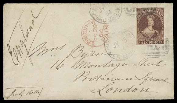 NEW ZEALAND  14,1864 (July 15) Clean cover to London, England, bearing a 6p red brown, watermark large star, slightly touches frameline to large margins, radiant colour, tied by Christchurch "CH.CH" duplex, London Paid SP 20 postmark in red on arrival, VF (SG 43)